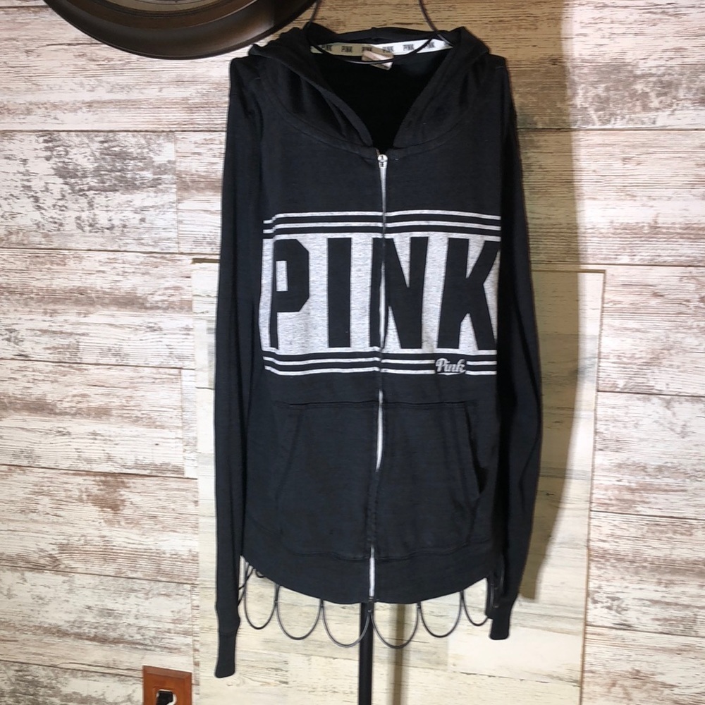 Victoria’s Secret PINK sweatshirt zip up hoodie size large black and white​​​